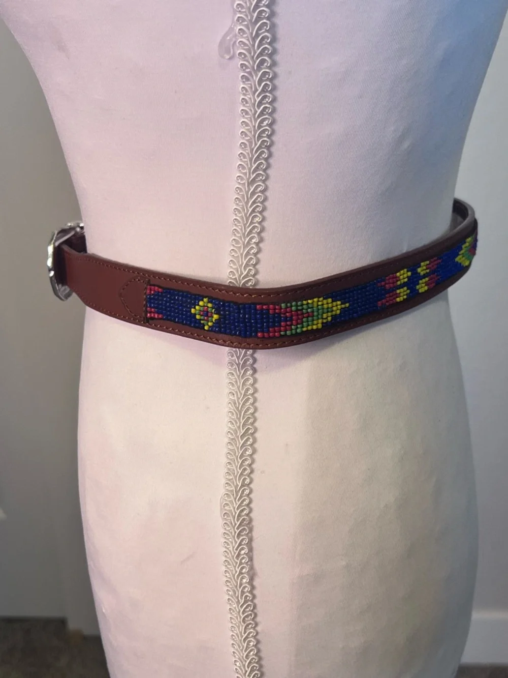 Beaded Brown Latigo Leather Belt Sz 28